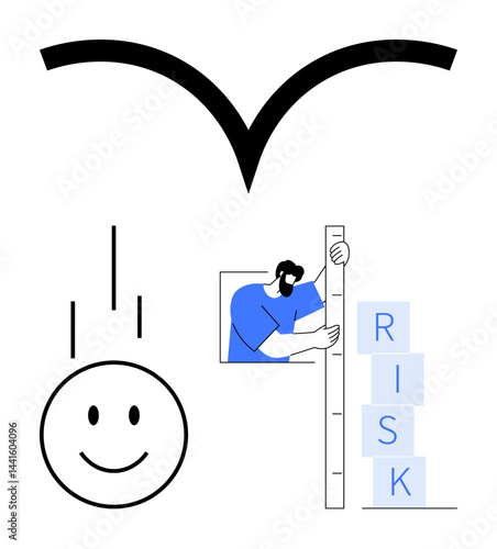 Smiling face under falling object, man measuring RISK blocks, arch above. Ideal for safety, business, decision-making, problem-solving, management, personal growth simple landing page