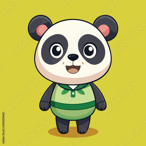 A friendly cartoon panda with large eyes and a green shirt stands happily against a vivid yellow background, radiating charm and delight.