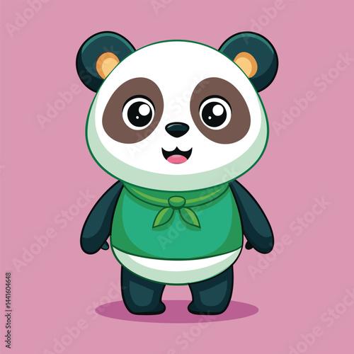 A charming cartoon panda character joyfully poses in a green outfit, showcasing big eyes and a cheerful smile against a vibrant pink background, radiating cuteness.