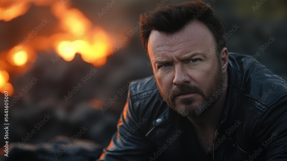 Obraz premium Close-up man in leather jacket, fire backdrop