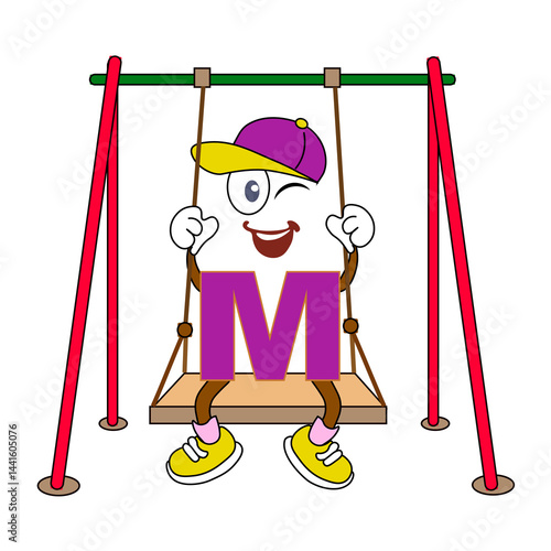  Alphabet for kids. Letter M with arms and legs. Cartoon PNG. Transparent background