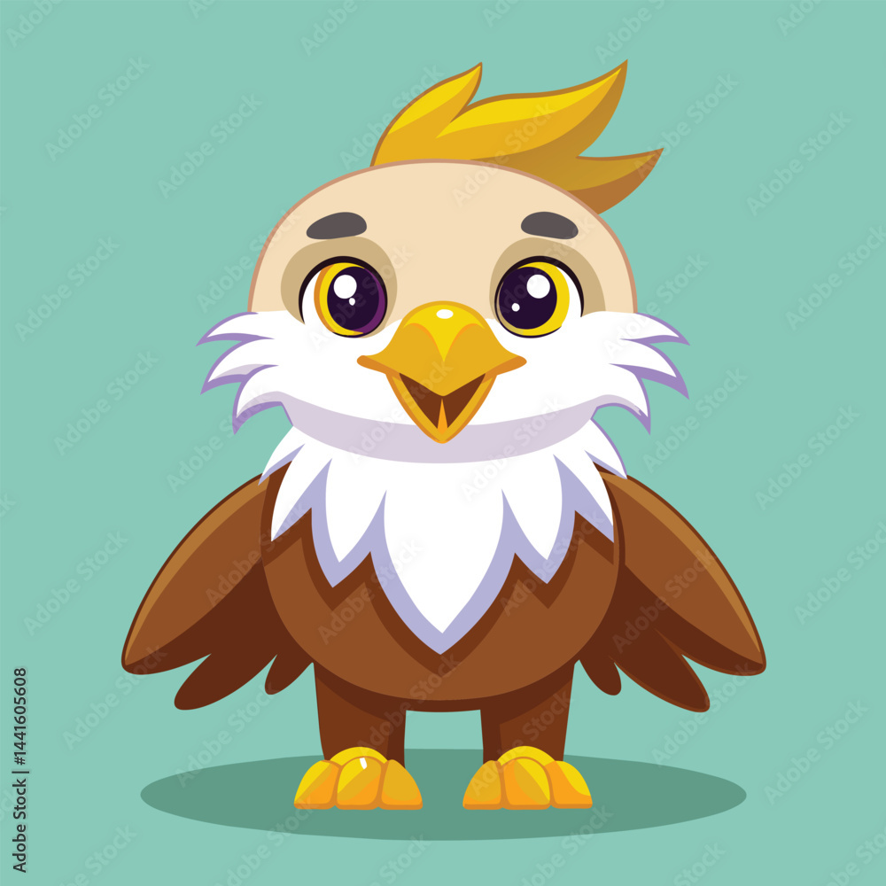 Fototapeta premium This cartoon eagle has a vibrant expression and a jaunty hairstyle, showcasing an inviting personality suitable for children's media or educational content.