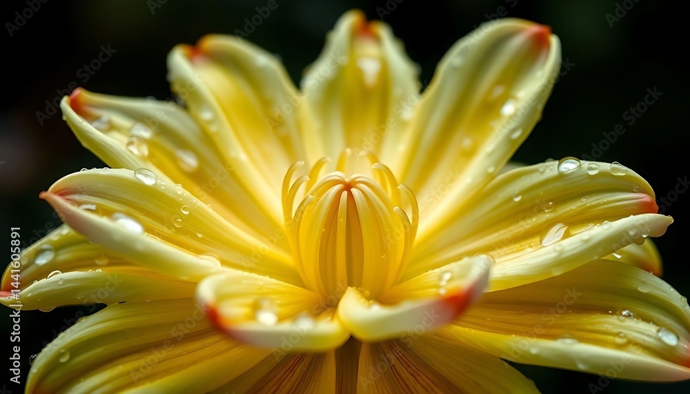 close up of a yellow flower with drops of water on it close up of a yellow flower with drops of water on it