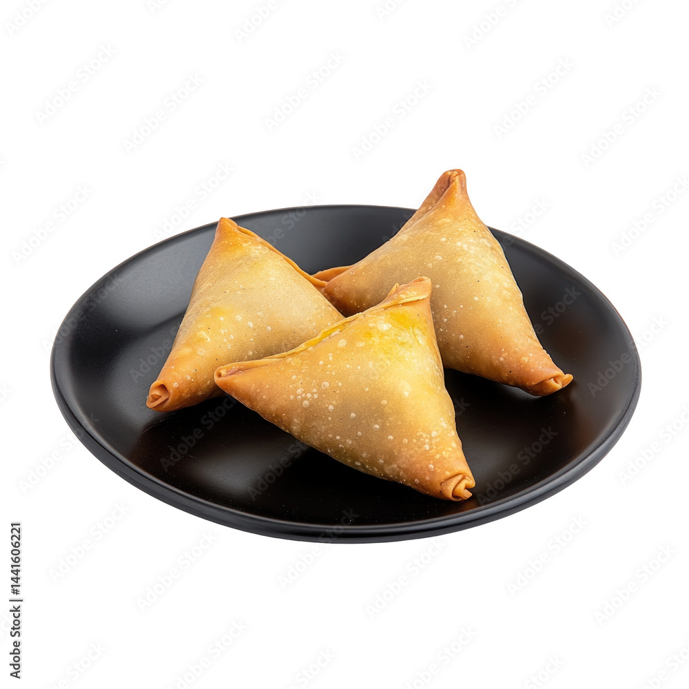 Samosa on a black appetizer plate isolated on white or transparent background Samosa on a black appetizer plate isolated on white or transparent background