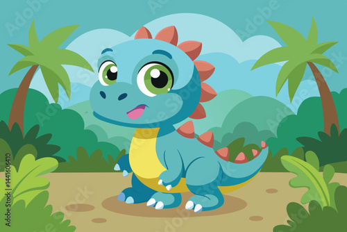 A cute, animated dinosaur smiles happily in a tropical landscape filled with palm trees and greenery, evoking a playful and friendly atmosphere.
