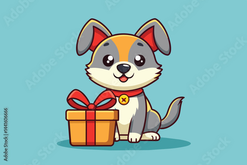 A cute cartoon dog with a friendly expression sits next to a bright gift box, bringing joy and a playful vibe to the light blue background.