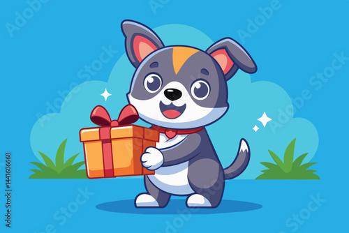A cute cartoon dog with expressive eyes is happily presenting a colorful gift against a backdrop of green grass and a bright blue sky, radiating joy and excitement.
