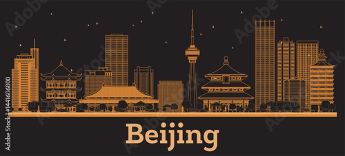 Outline Beijing China City Skyline with orange Buildings. Business Travel and Concept with Modern Architecture. Beijing Cityscape with Landmarks.