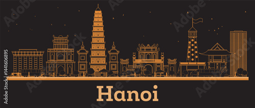 Outline Hanoi Vietnam City Skyline with orange Buildings. Business Travel and Concept with Modern Architecture. Hanoi Cityscape with Landmarks.