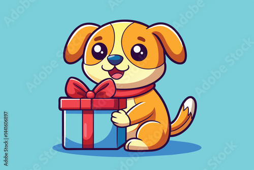 A joyful cartoon dog with a yellow coat sits beside a colorful gift box tied with a red ribbon, radiating excitement and cheer in a playful setting.