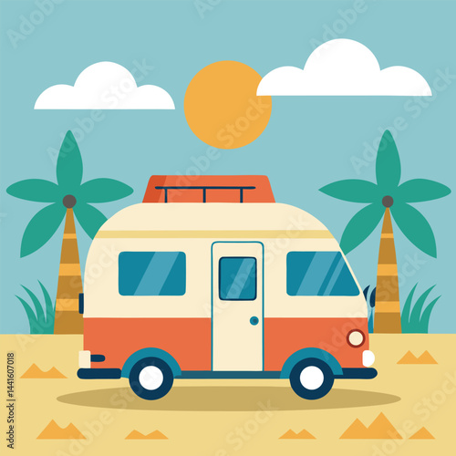 Camping Vehicle vector illustration Pop-top roof camper van parked near ocean