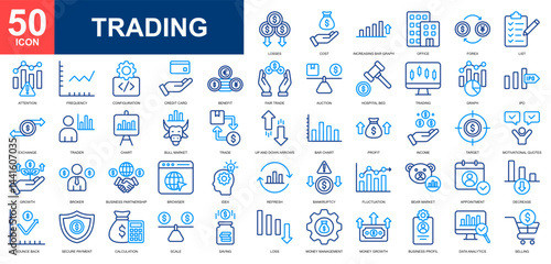 Trading icon set collection. Recycling, data analytics, stock market, money management, financial, data statistics icon. Simple line color vector.