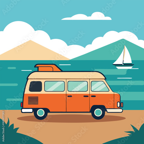 Camping Vehicle vector illustration Pop-top roof camper van parked near ocean