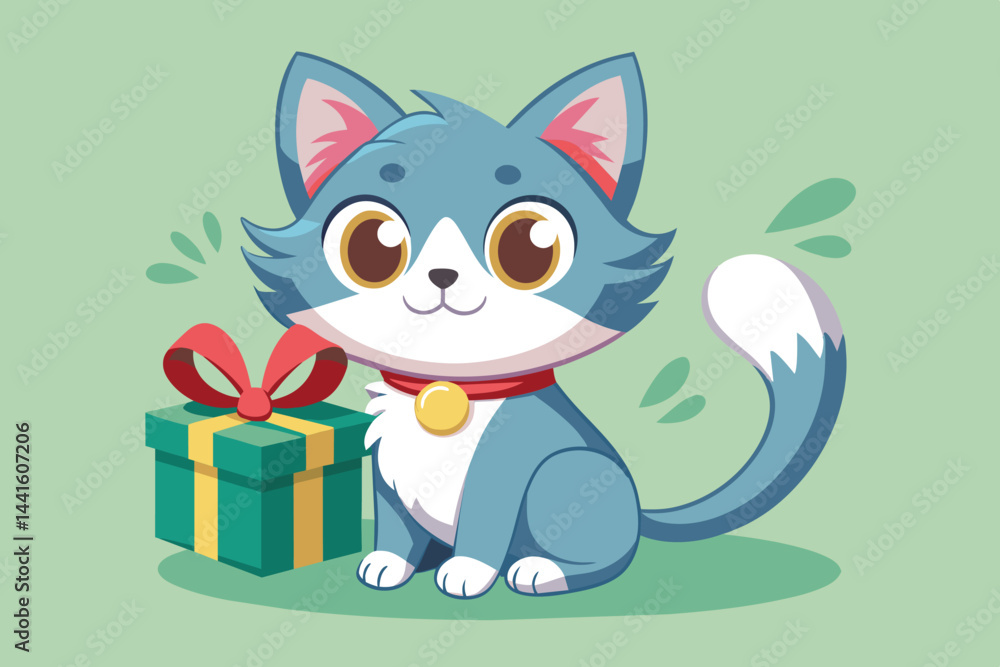 Obraz premium A playful cartoon cat with blue fur and large eyes sits next to a neatly wrapped gift adorned with a red bow, radiating a cheerful vibe for any celebration.