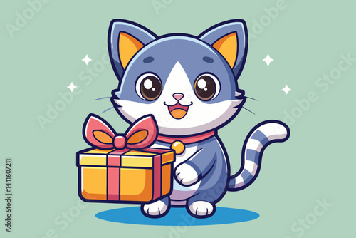 A cartoon cat with large eyes and a happy smile presents a wrapped gift box adorned with a bow, bringing an atmosphere of joy and celebration.