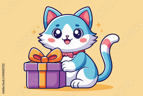 A playful cat with blue and white fur, wearing a bowtie, happily sits next to a sparkling purple gift box, adding a festive touch to the room's atmosphere.