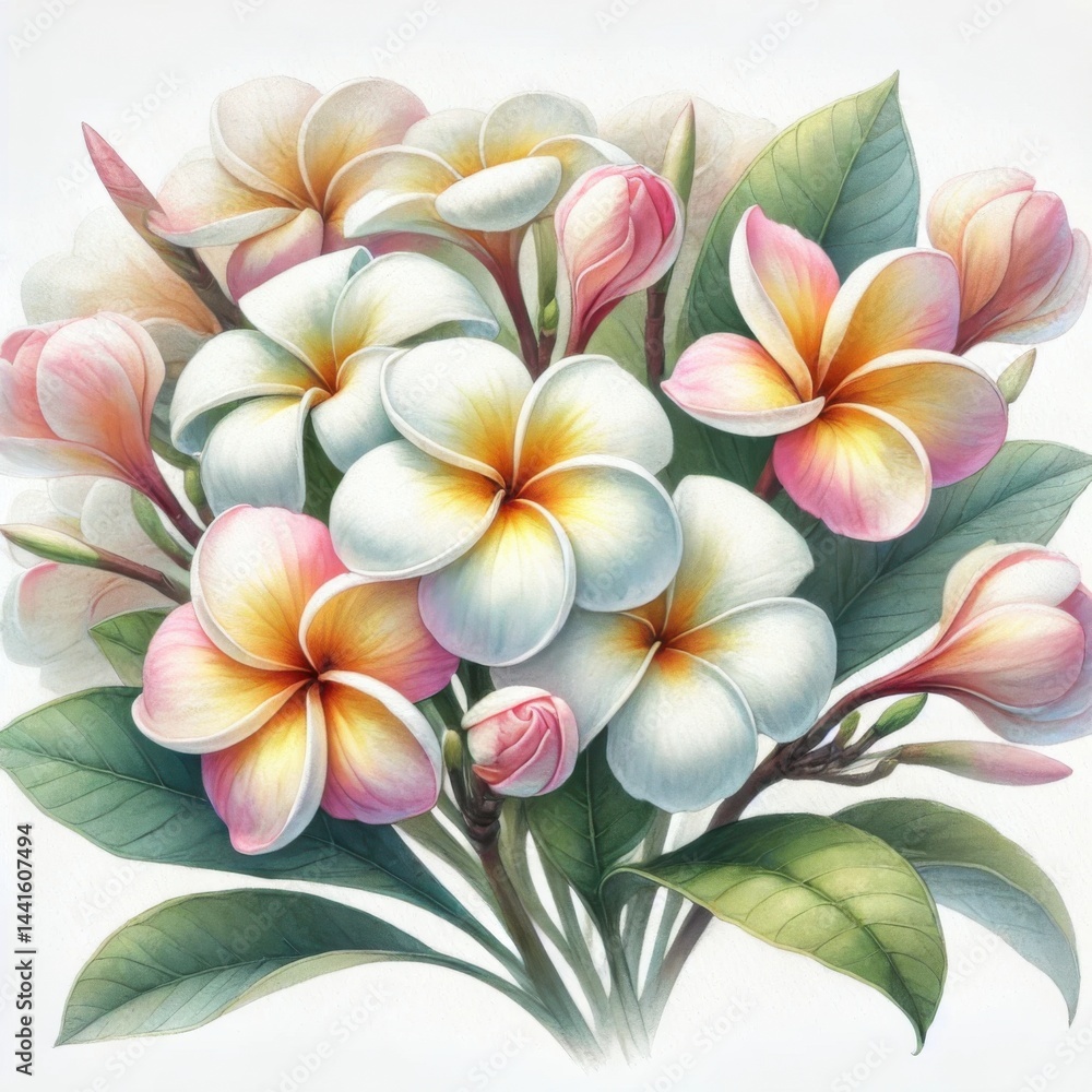 Watercolor painting of a plumeria flower bouquet. On a white background. Watercolor painting of a plumeria flower bouquet. On a white background.