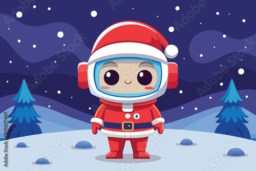 A cheerful astronaut clad in a red suit and Santa hat stands on a wintery terrain surrounded by snow and pine trees, set against a twinkling starry sky.