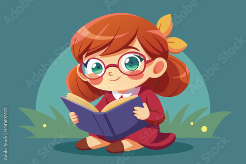 The girl enjoys her time absorbed in a book, sitting cross-legged on the grass with a joyful expression, surrounded by a serene outdoor atmosphere.