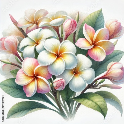 Watercolor painting of a plumeria flower bouquet. On a white background. 