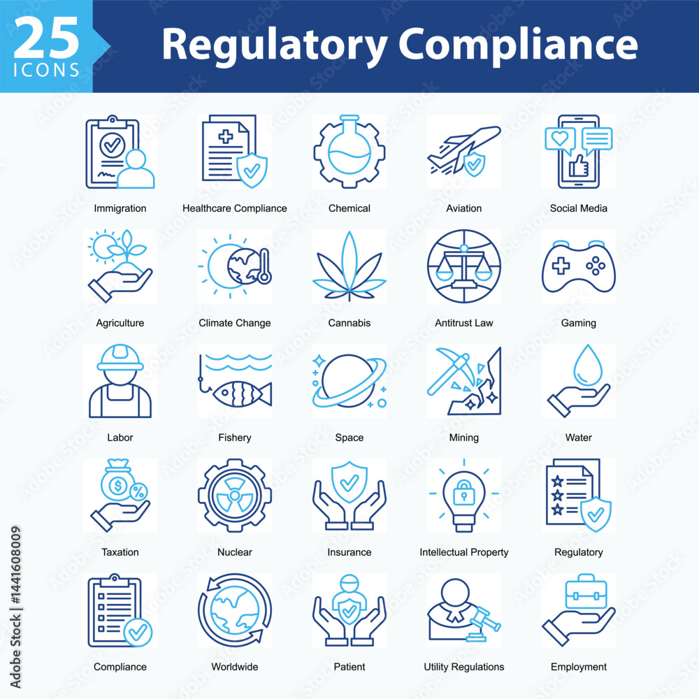 Regulatory Compliance s is a collection of icons in sheet format illustrating international regulations, industry compliance, and oversight across sectors like health, energy, and technology. Regulatory Compliance s is a collection of icons in sheet format illustrating international regulations, industry compliance, and oversight across sectors like health, energy, and technology.