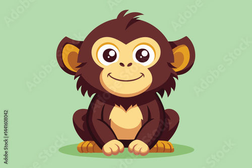 A cheerful cartoon monkey sits comfortably, displaying a bright smile and engaging eyes, with soft brown fur and a vibrant green backdrop that enhances its playful demeanor.