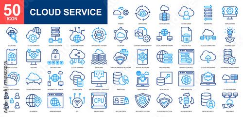 Cloud service icon set collection. Digital service, cloud compunting, programming, seo and web, cyber security icon. Simple line color vector.