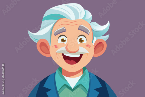 An elderly man with gray hair exudes warmth and happiness, showcasing a big smile. He wears a blazer over a green shirt, creating a friendly atmosphere.