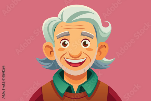 An elderly man with a warm smile and gray hair casually dressed in a green shirt and brown vest stands against a pink background, exuding a friendly vibe.