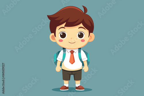 A young boy stands confidently with a big smile, dressed in a white shirt and brown shorts, sporting a tie and a backpack, emphasizing the excitement of a school day.