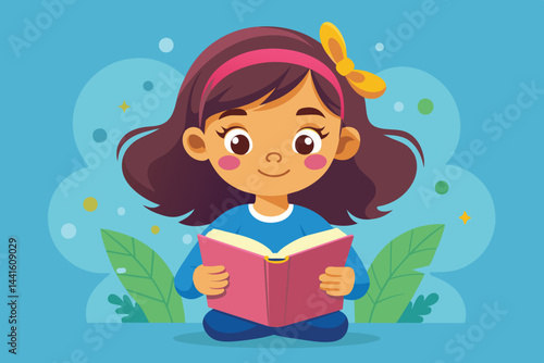 A cheerful girl with a pink book sits comfortably, enjoying her reading time