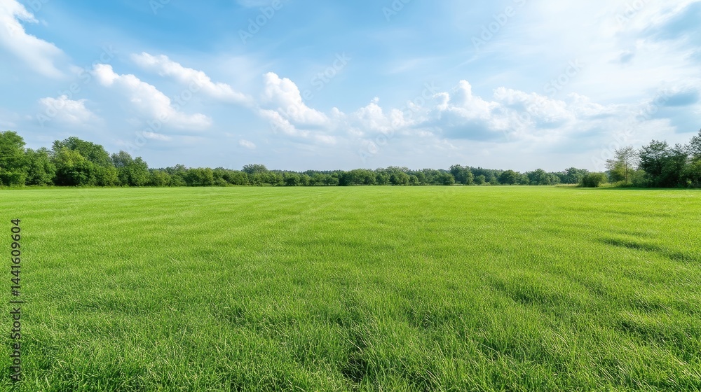 Obraz premium Vast Green Field Lush Grassland Scenic Landscape High-resolution Bright Sunlight Wide Expansive View Undulating Terrain Tranquil Nature Bright Summer Colors Ideal for Real Estate Ads