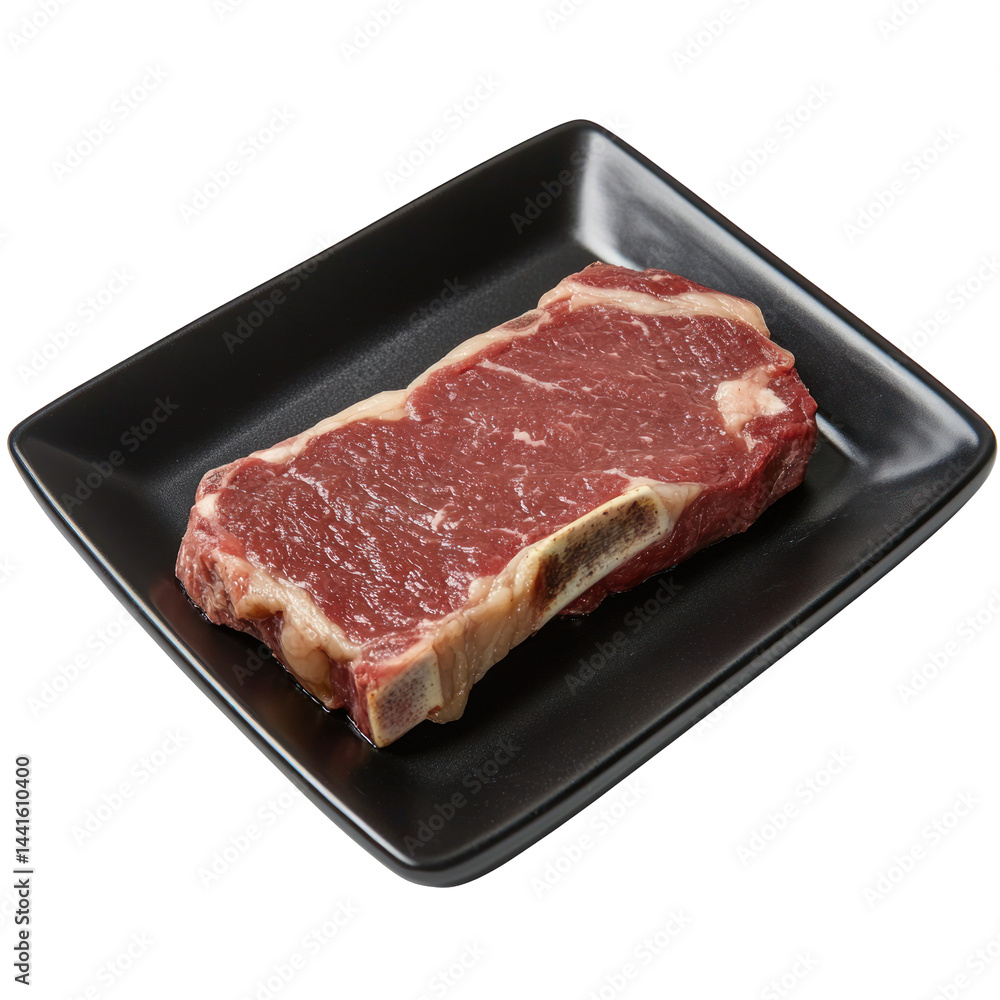 Steak on a black square plate isolated on white or transparent background Steak on a black square plate isolated on white or transparent background