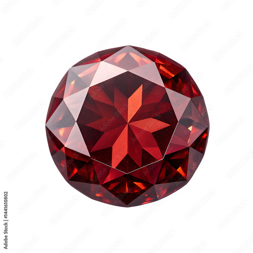A single deep red garnet gemstone viewed from directly above, highlighting its rich color and clarity A single deep red garnet gemstone viewed from directly above, highlighting its rich color and clarity