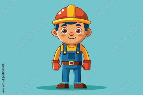 A cartoon-style character dressed in a hard hat and overalls with gloves exudes positivity, prepared for a day on the construction site in a vibrant setting.