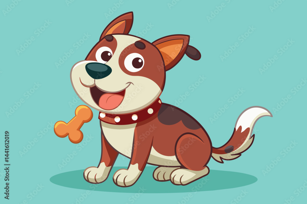 Fototapeta premium This cartoon dog happily sits with a playful expression, holding a bone in its mouth. Its distinctive brown and white fur adds to its adorable charm, perfect for children's illustrations.