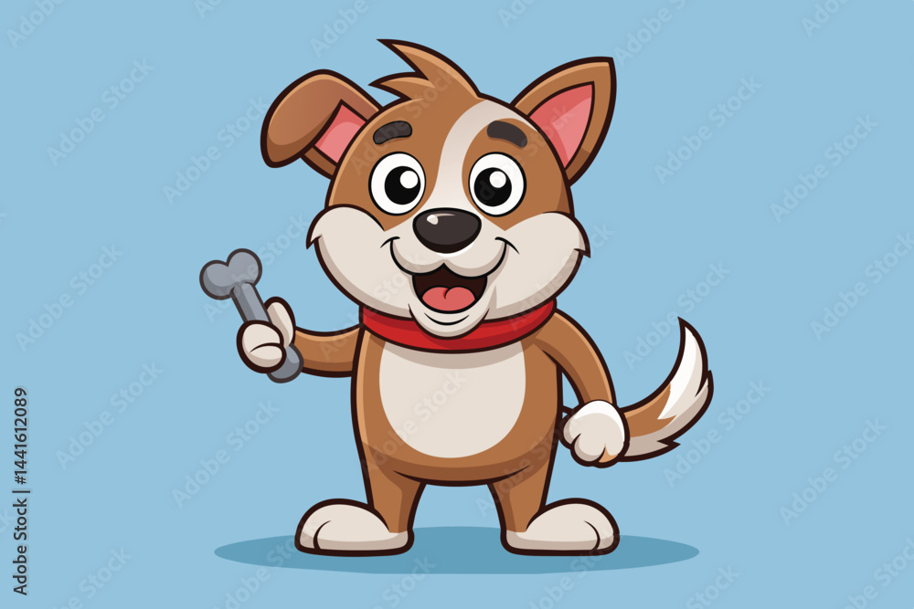Fototapeta premium A cartoon dog with a brown coat and a red collar joyfully holds a bone in its paw, displaying a friendly expression against a light blue backdrop.