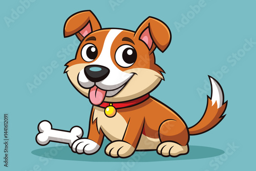This adorable cartoon dog sits happily, wagging its tail and looking playful with a white bone beside it on a vibrant light blue backdrop.