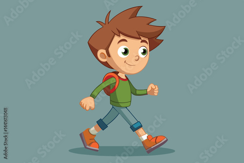 A young cartoon boy with brown hair strolls joyfully, wearing a green sweater, blue jeans, and bright orange shoes, reflecting a sense of adventure and happiness.