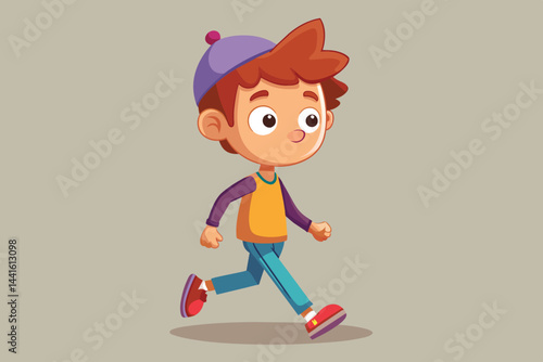 A cheerful boy with brown hair and a cap walks energetically, wearing a vibrant outfit that showcases his playful spirit in a bright and simple setting.