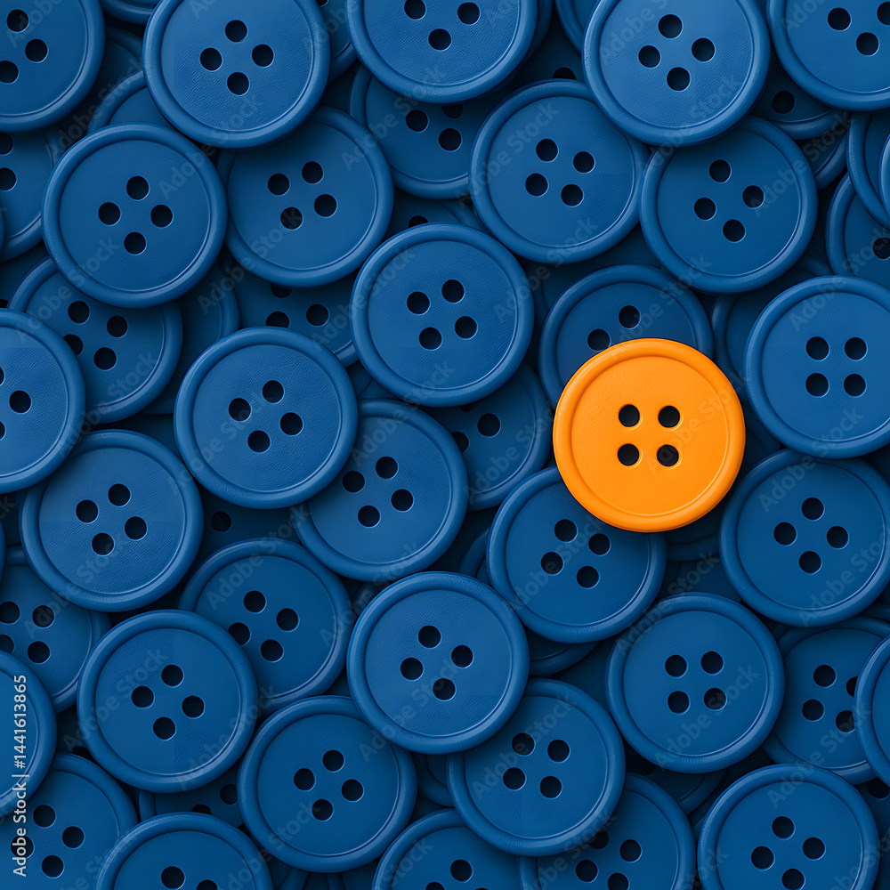 One bright orange button standing out among many blue buttons, uniqueness and individuality concept, sewing accessory pattern, creative background for fashion or textile use One bright orange button standing out among many blue buttons, uniqueness and individuality concept, sewing accessory pattern, creative background for fashion or textile use
