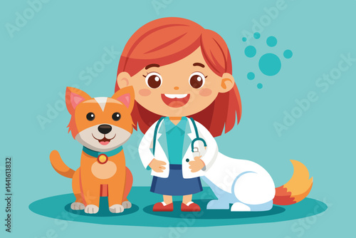 A smiling veterinarian wearing a lab coat stands next to an affectionate dog. This vibrant illustration emphasizes the joy of pet care and the close relationship with animals.