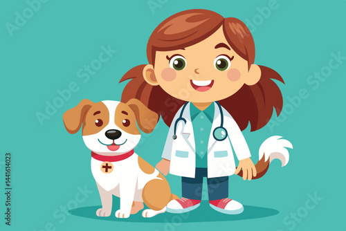A young veterinarian with a big smile stands next to a cheerful dog in an outdoor area. The duo radiates joy, showcasing a bond of care and friendship.