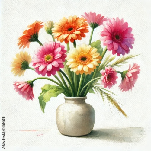 Wallpaper Mural Watercolor painting of colorful gerbera daisies in a ceramic vase on a white background. Torontodigital.ca