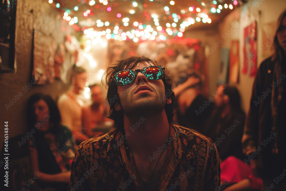 Obraz premium Man with sunglasses looking up at ceiling.