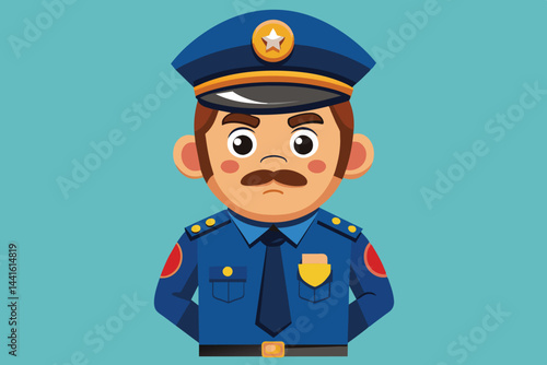 The cartoon character features a friendly police officer with a mustache, sporting a blue uniform, badge, and cap, illustrating a sense of community and safety.