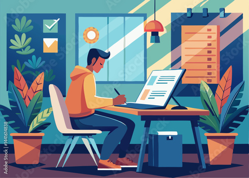 Man Working From Home at His Desk with Laptop and Plants