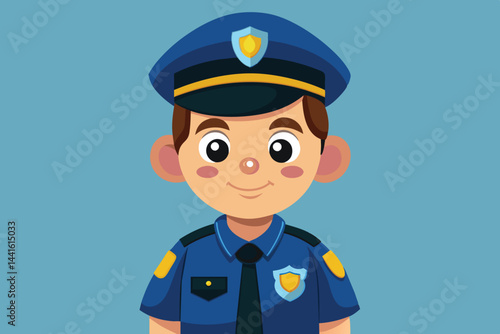 The cartoon character of a young police officer smiles warmly while wearing a blue uniform, complete with a cap and badge, emphasizing community engagement and safety.
