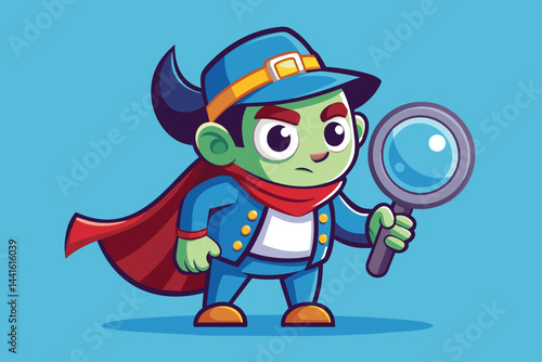 A playful character with green skin and vibrant blue hair enthusiastically holds a magnifying glass, ready to uncover secrets in a whimsical, colorful setting.