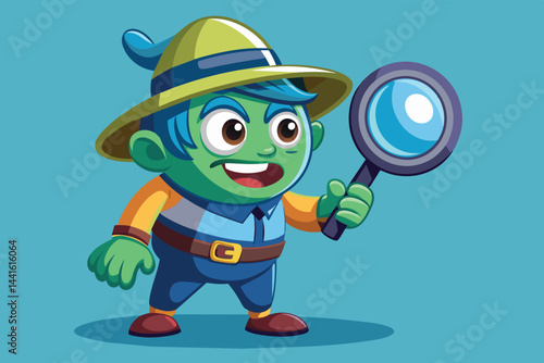 A curious child detective holding a magnifying glass investigates his surroundings, featuring a playful outfit and a vibrant backdrop that enhances the exploration theme.